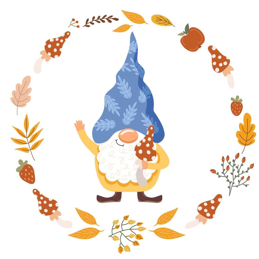 Funny gnome with a mushroom. Vector illustration