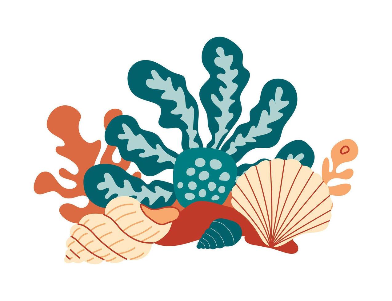 Coral reef with algae, seaweed and seashells in various types vector