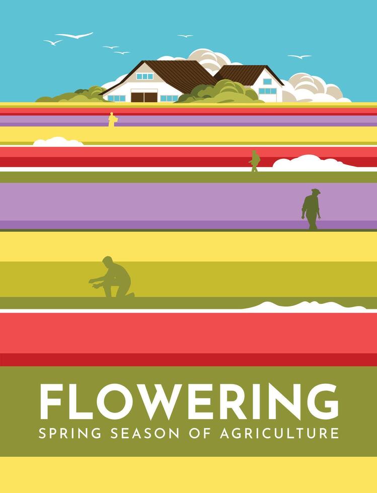 Spring blooming field with working people. house on the horizon. Flower season minimalistic poster. Vector flat illustration