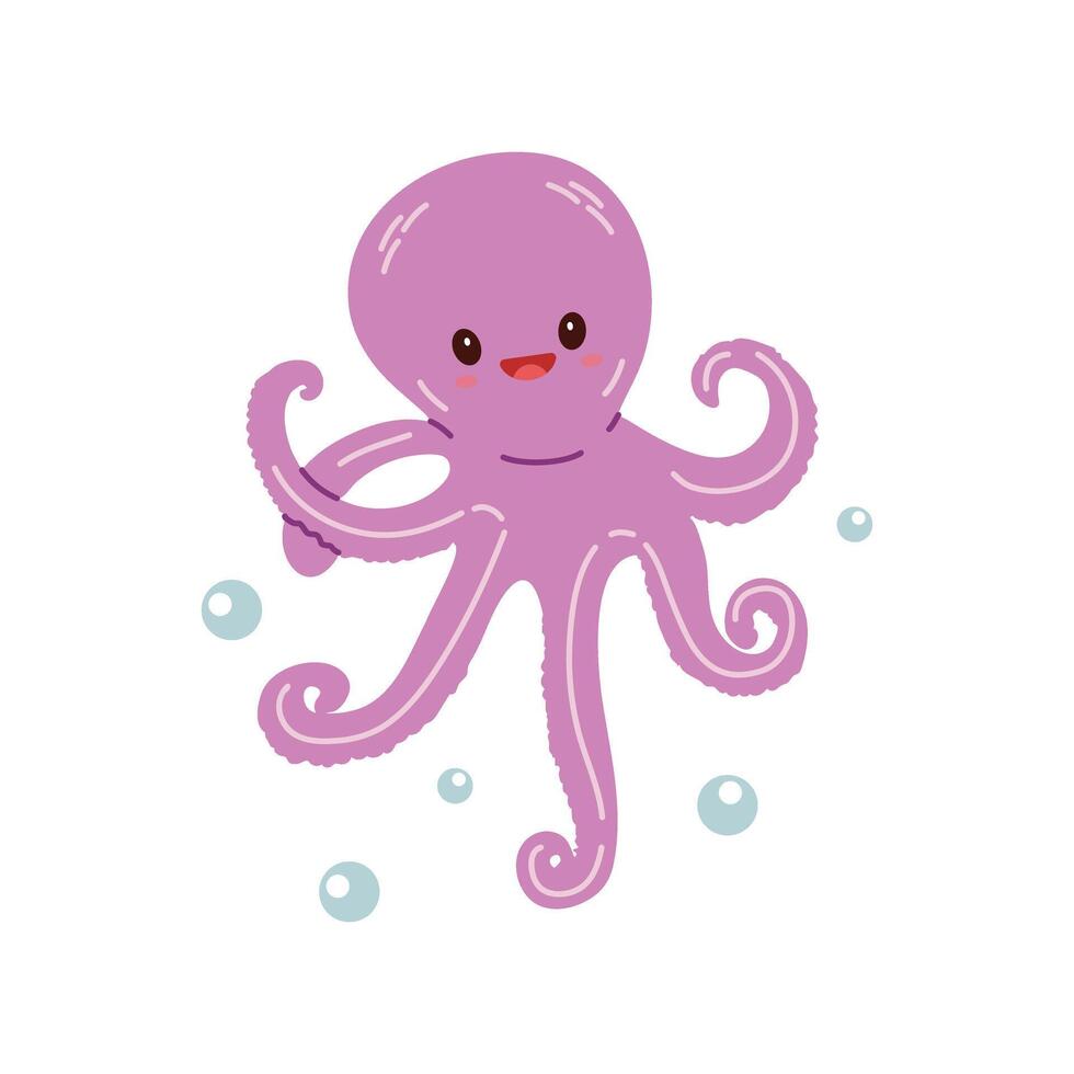 Cute hand-drawn colored octopus in flat style, ocean aquatic underwater kawaii vector. Vector cartoon illustration on white background.