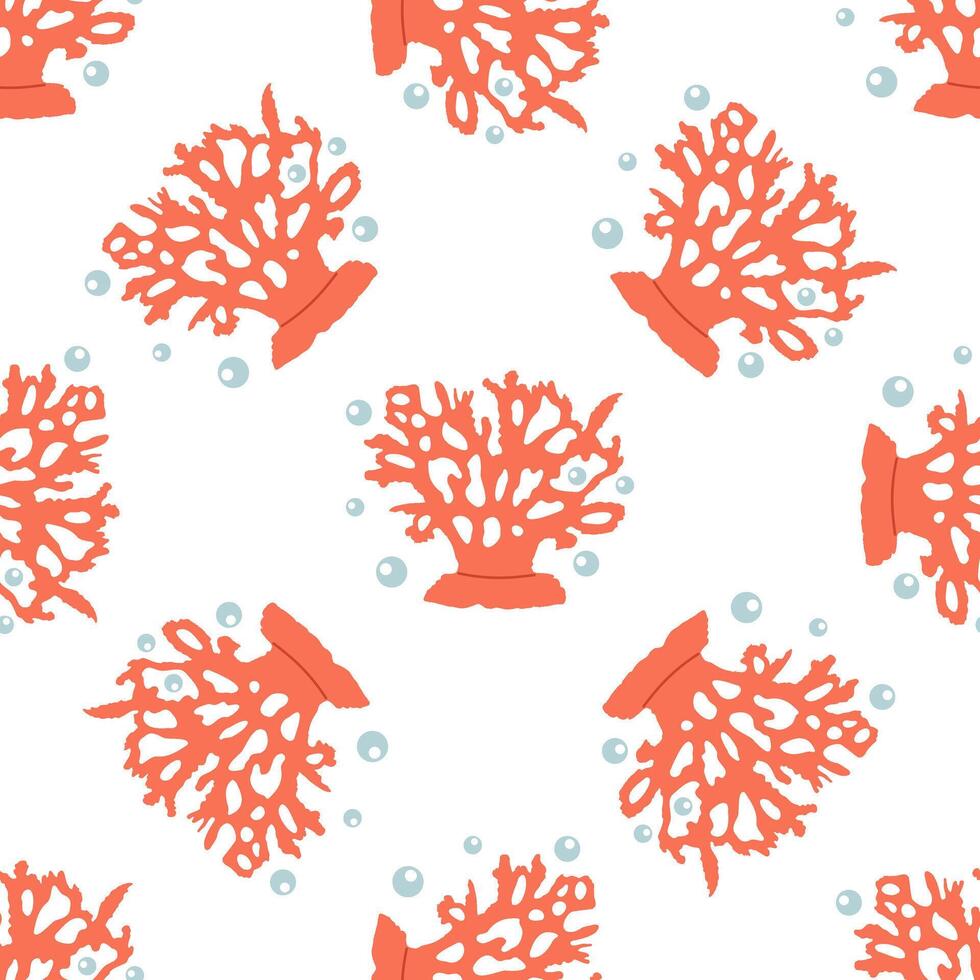 Cute hand-drawn colored coral in flat style, seamless, pattern, ocean aquatic underwater kawaii vector. Vector cartoon illustration on white background.