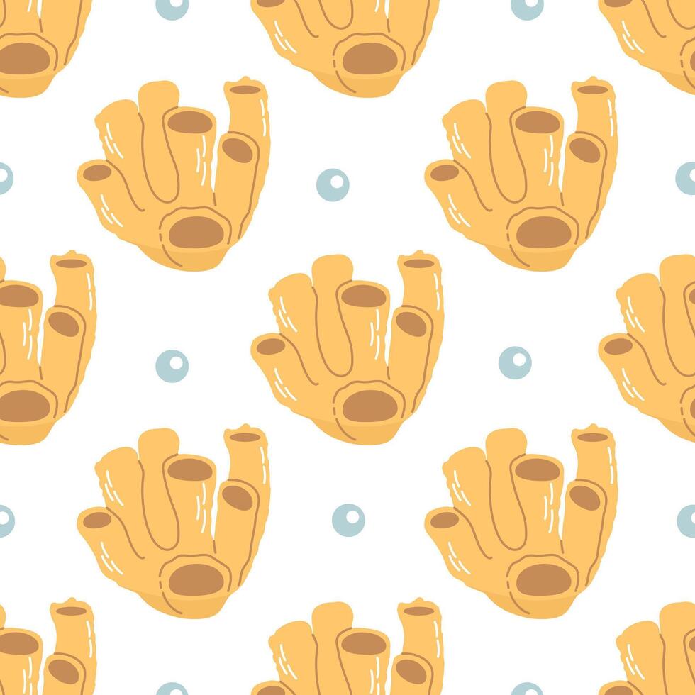 Cute hand-drawn colored coral in flat style, seamless, pattern, ocean aquatic underwater kawaii vector. Vector cartoon illustration on white background.