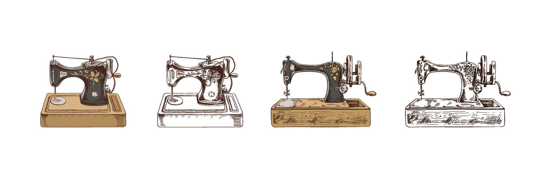 Hand-drawn colored and monochrome  sketches of vintage sewing machines. Handmade, sewing equipment concept in vintage doodle style. Engraving style. vector