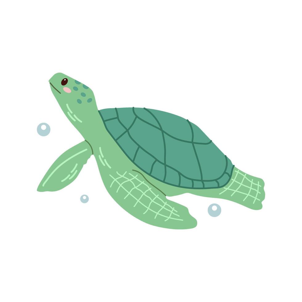 Cute hand-drawn colored marine green turtle in flat style, ocean aquatic underwater kawaii vector. Vector cartoon illustration on white background.