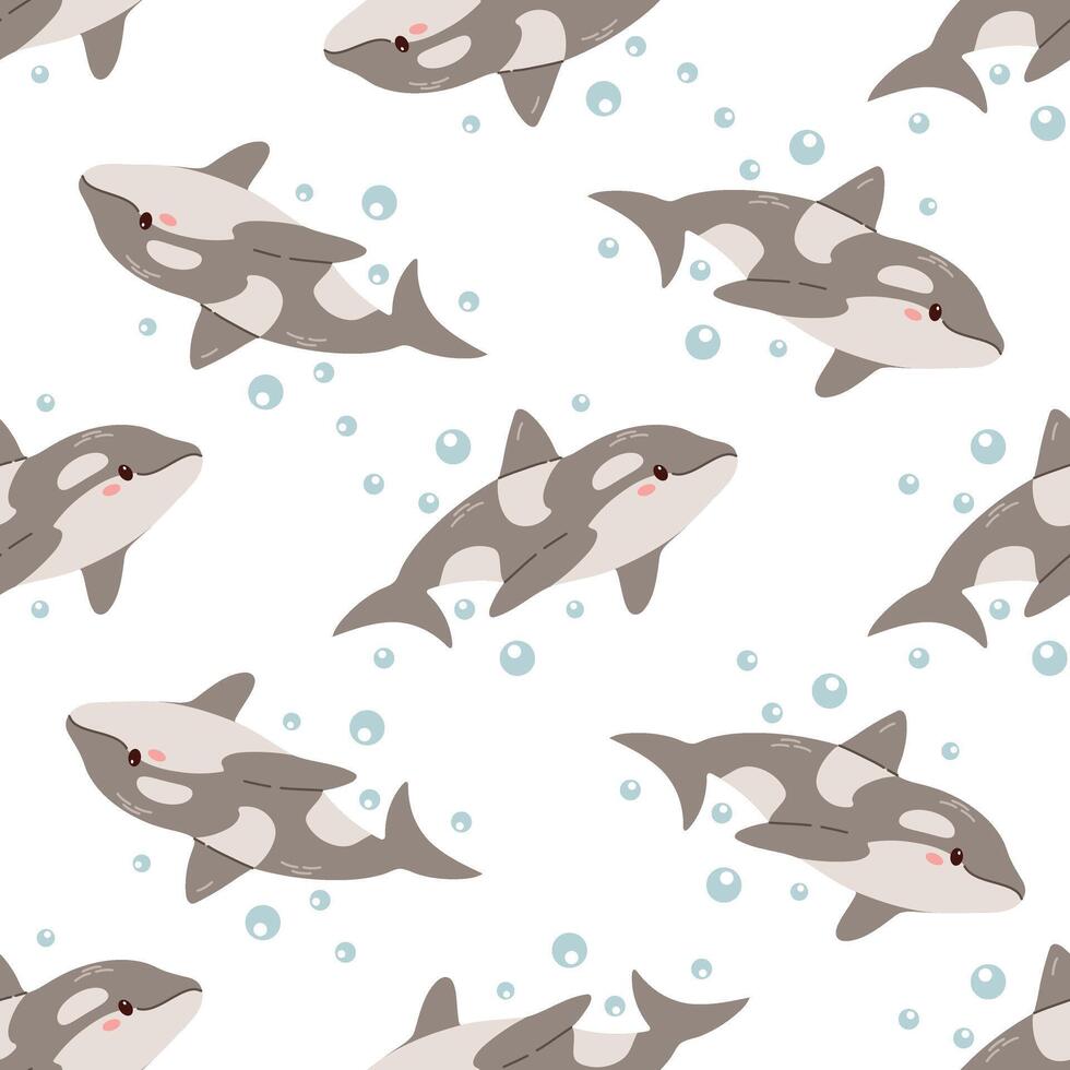 Cute hand-drawn colored killer whale in flat style, seamless pattern, ocean aquatic underwater kawaii vector. Vector cartoon illustration on white background.