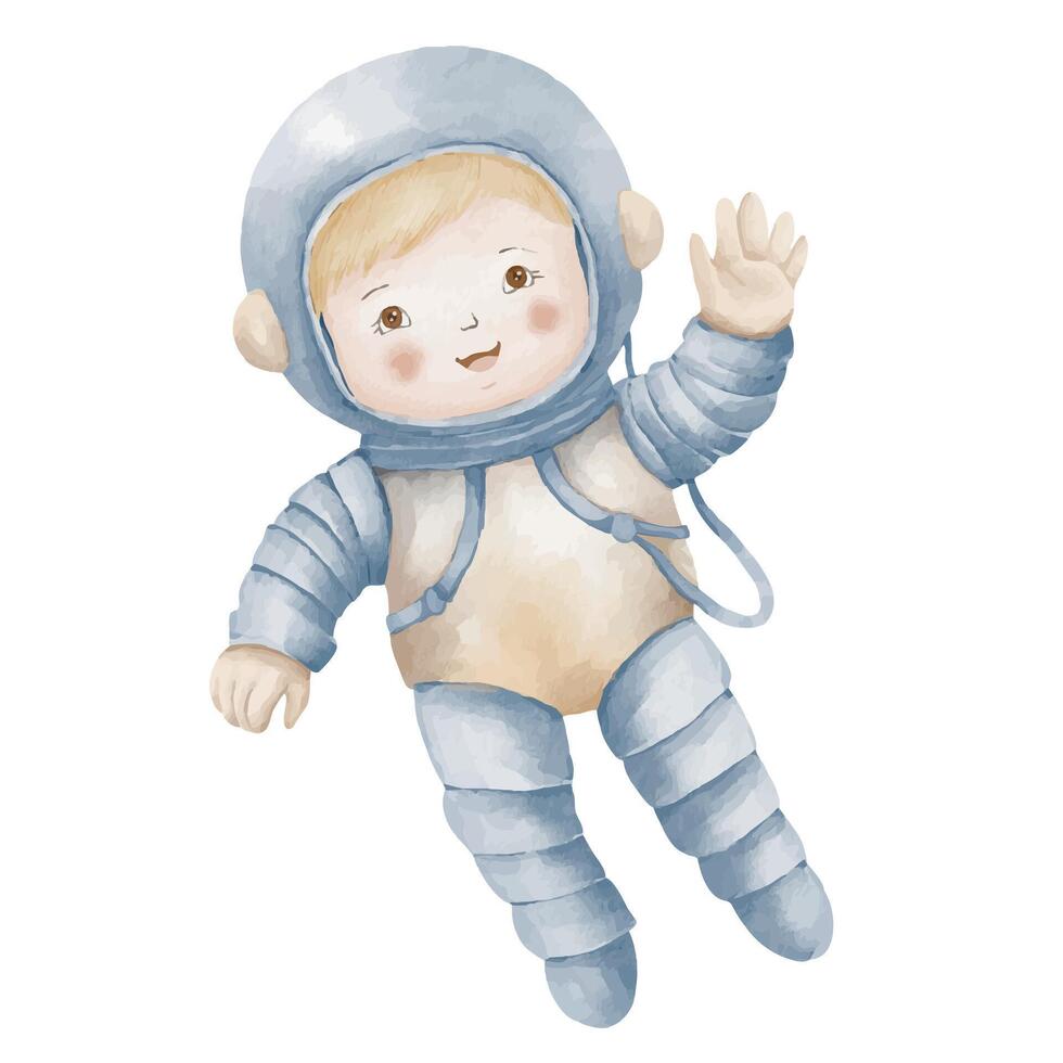 Baby Cosmonaut flying in a Space. Watercolor illustration of Astronaut in pastel colors for childish greeting cards or birthday invitations. Funny Kid spaceman on isolated background. Cute drawing vector