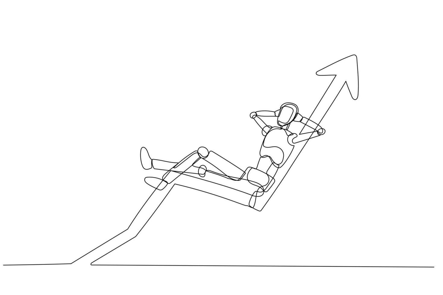 Simple line art of a humanoid figure reclining in an upward arrow indicating growth or progress. It conveys the concept that relaxation or ease can lead to upward progress or growth. vector