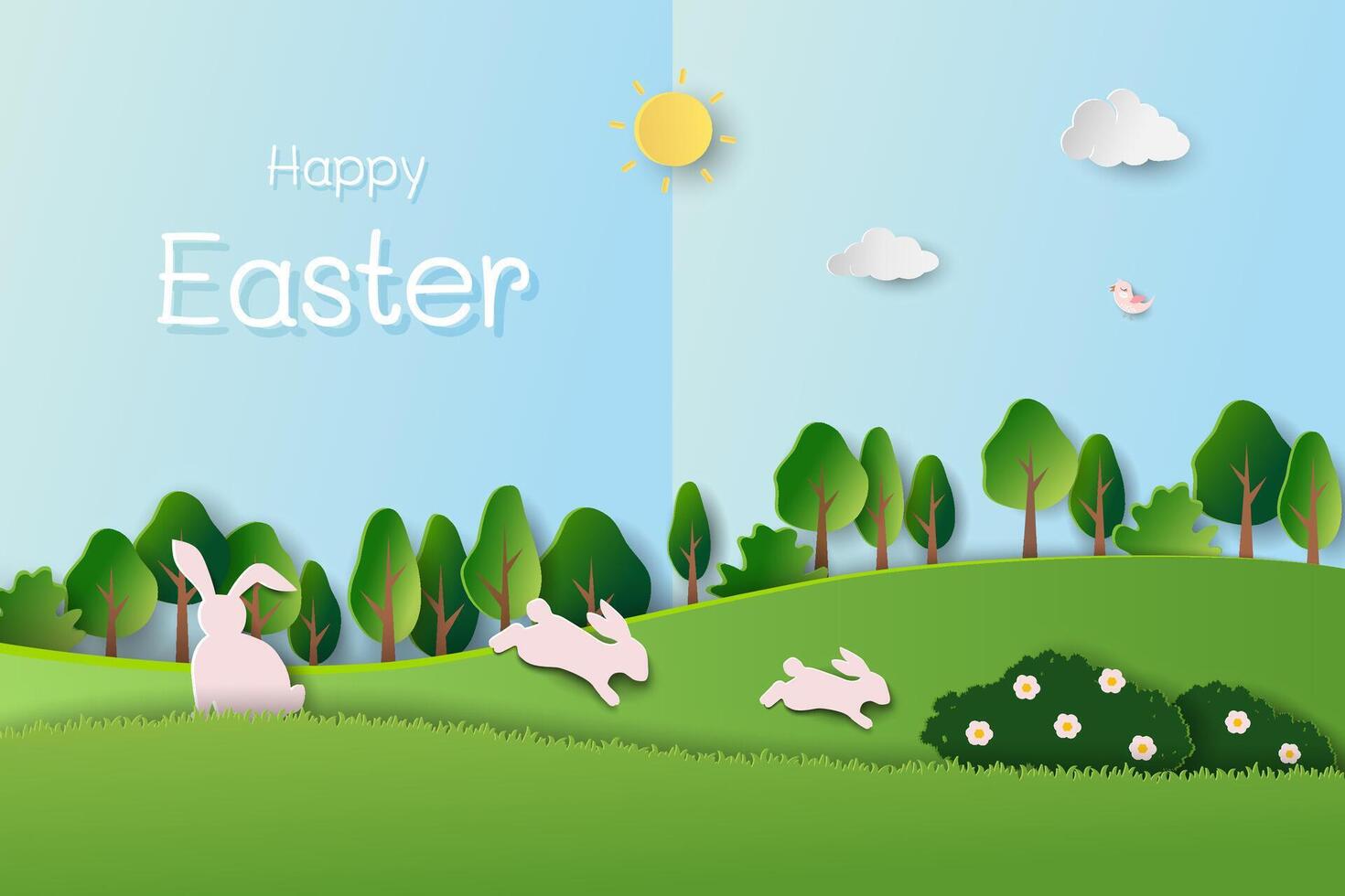 Easter greeting card with cute bunny happy in the garden vector