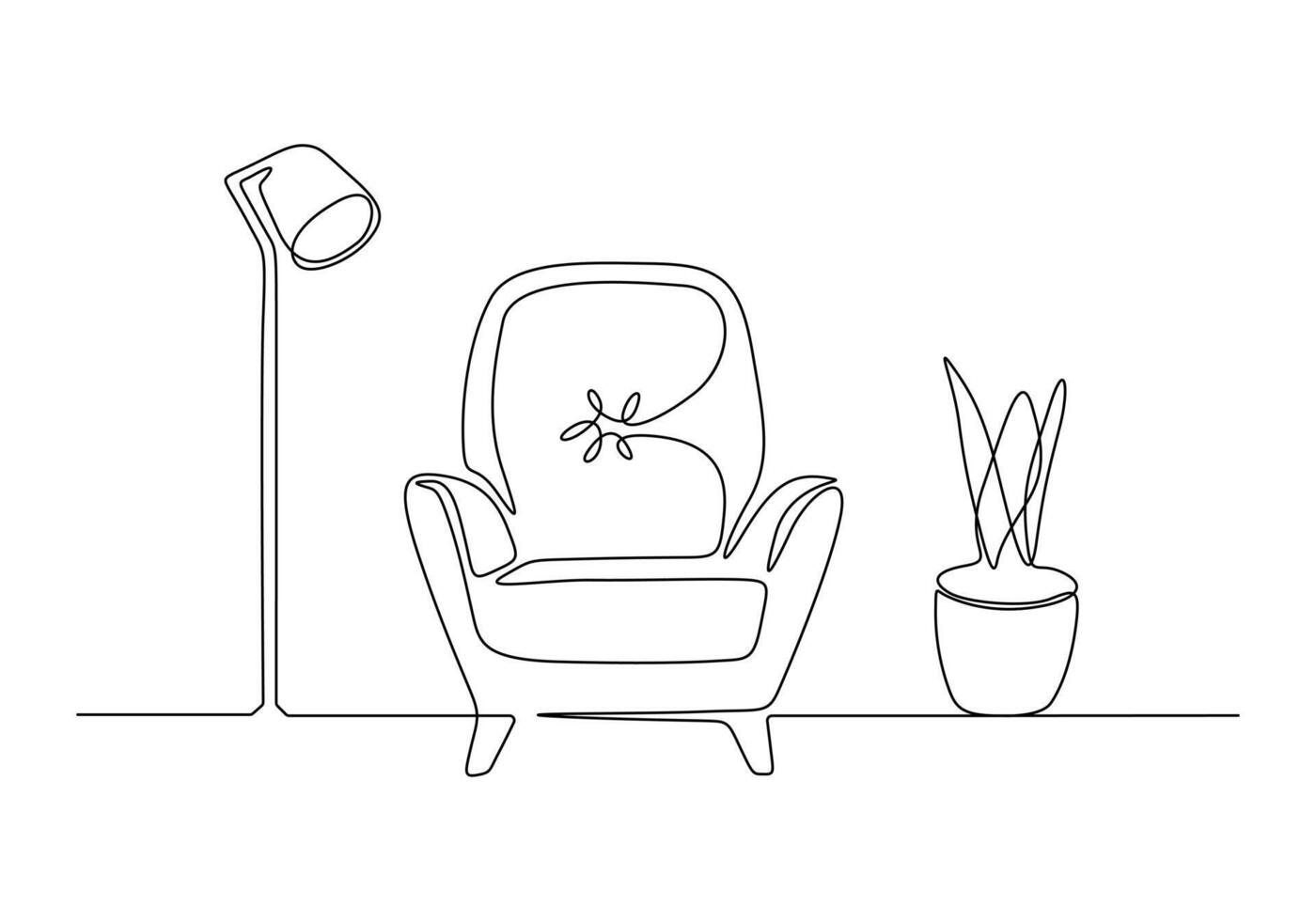 continuo uno línea dibujo de sofá o sofá con lámpara y en conserva planta. moderno mueble sencillo lineal estilo vector ilustración