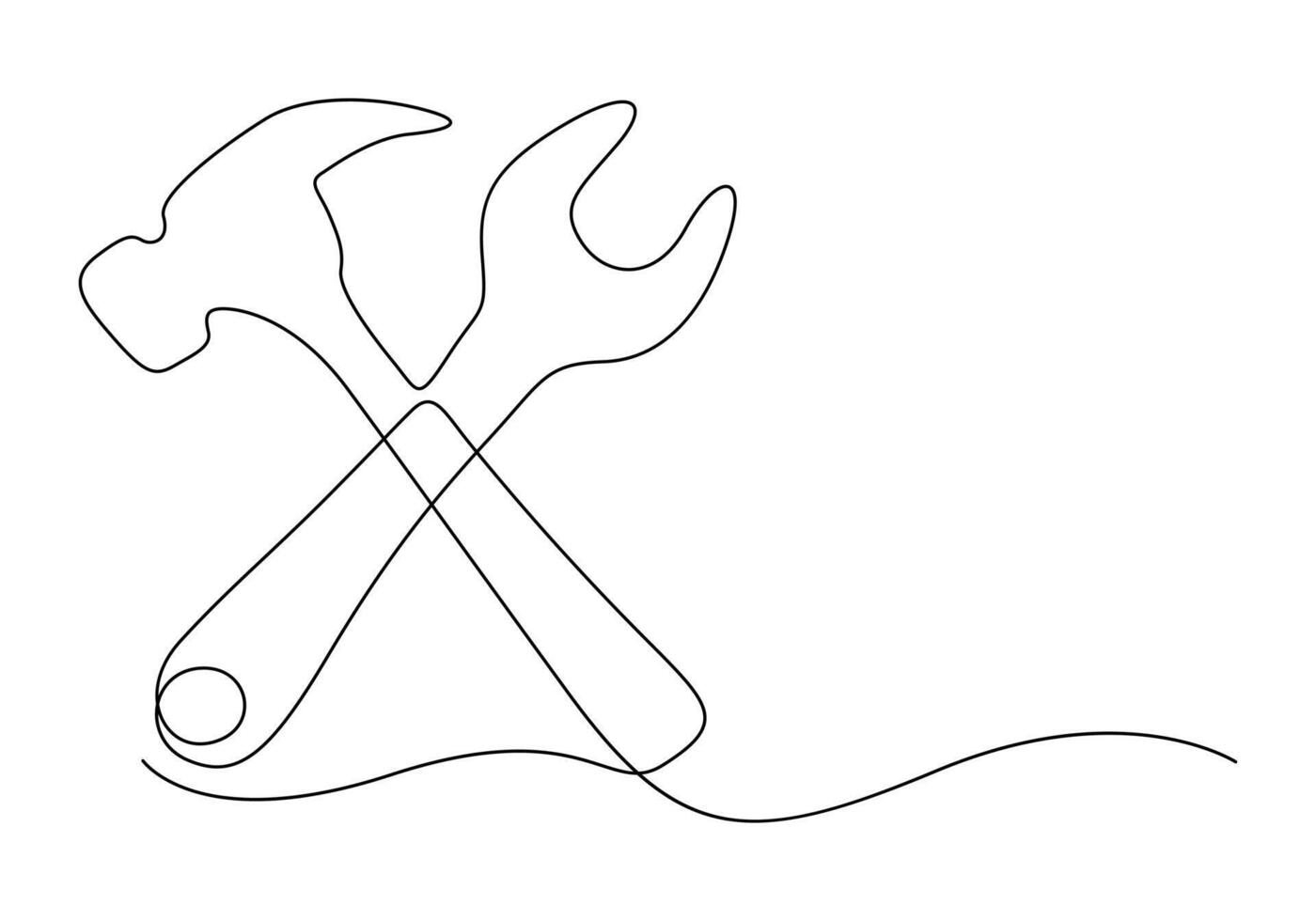 Continuous single line drawing of hammer and wrench. Auto service concept. Vector illustration