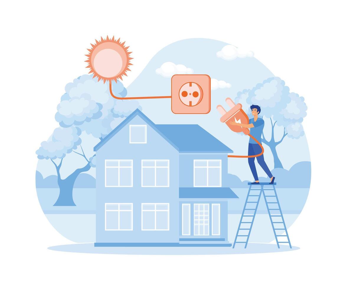 Photovoltaic system for smart home, eco technology. Man connecting plug on wire to socket leading from sun to charge generator with solar panel on roof of house. flat vector modern illustration