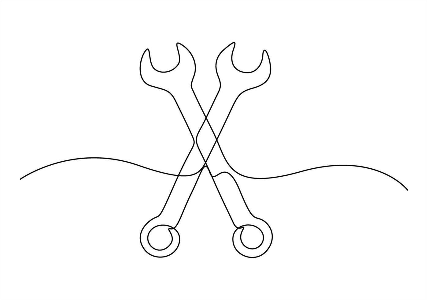 Continuous one line drawing of repair icon. Two crossed wrenches. Auto mechanic car repair shop logo with wings. Vector illustration
