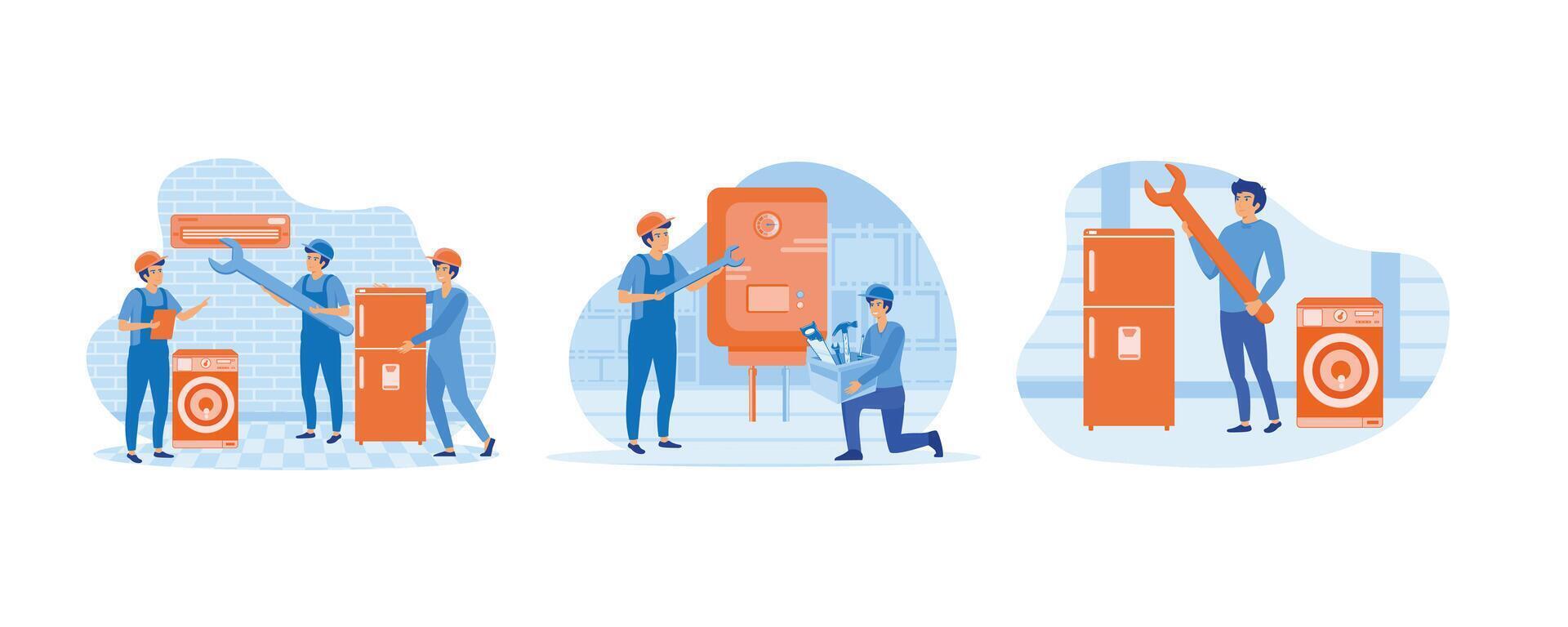 Electrician, mechanic or repairer at work. Plumber worker repairs broken water heater. Home appliance repair technician service with washing machine. Set flat vector modern illustration