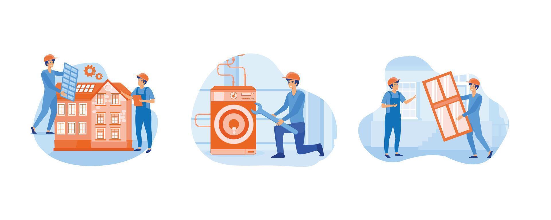 House maintenance abstract concept. Basement services, Hire contractor metaphor. Windows and doors replacement and installation. Set flat vector modern illustration