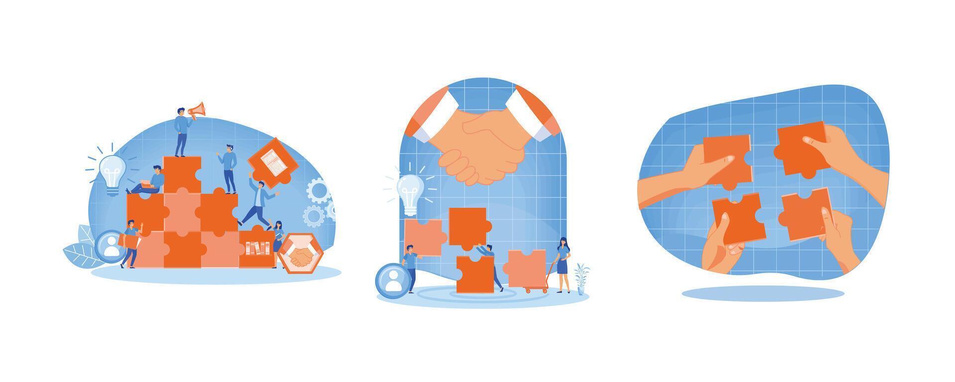 The concept of joint teamwork. Team work, team building, corporate organization. Innovative business approach, brainstorming, unique ideas and skills. Set flat vector modern illustration