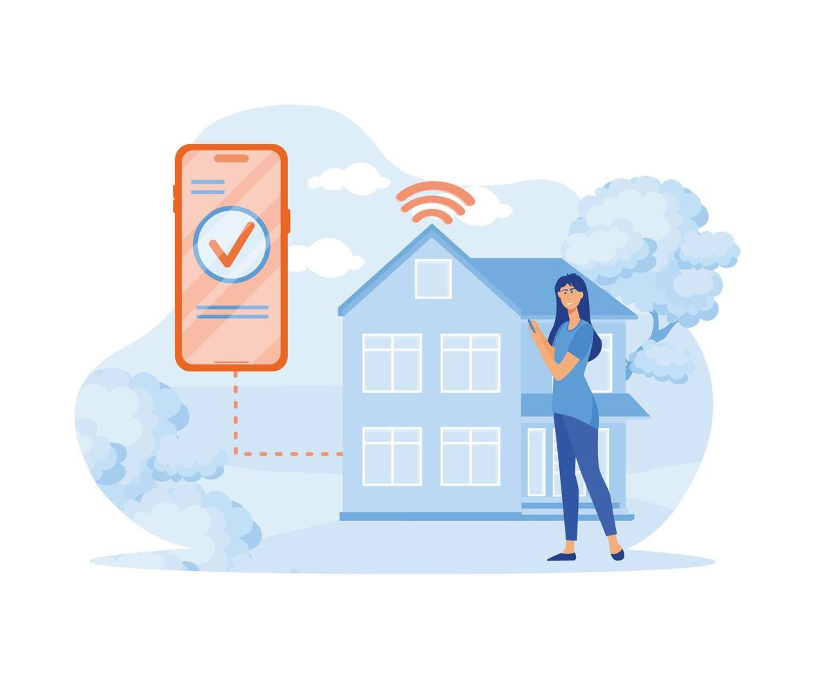 Home and house smart control remote wireless technology smartphone connection or internet distance surveillance automation app on mobile phone app. flat vector modern illustration