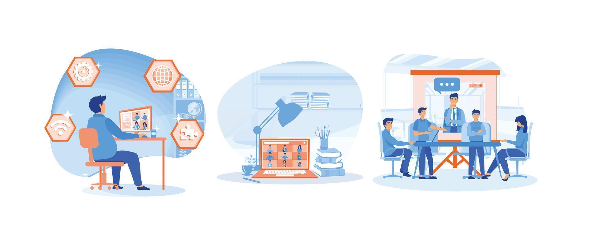 Video conference concept. Video conference remote working on laptop computer. Business team at the video conference call in boardroom. Set flat vector modern illustration