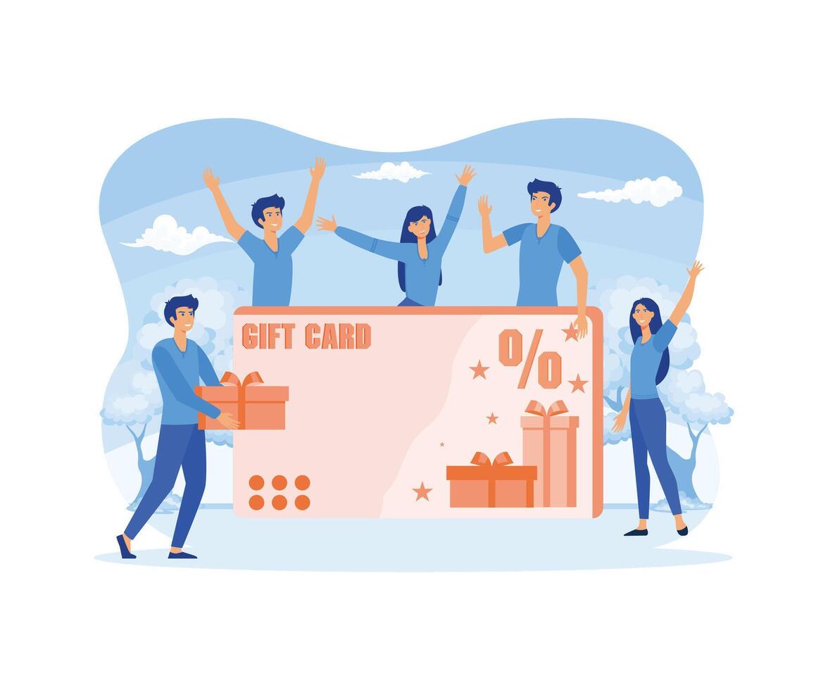 Customers getting gift card. Cheerful people happy about discount card, coupon or voucher. promotion concept. flat vector modern illustration