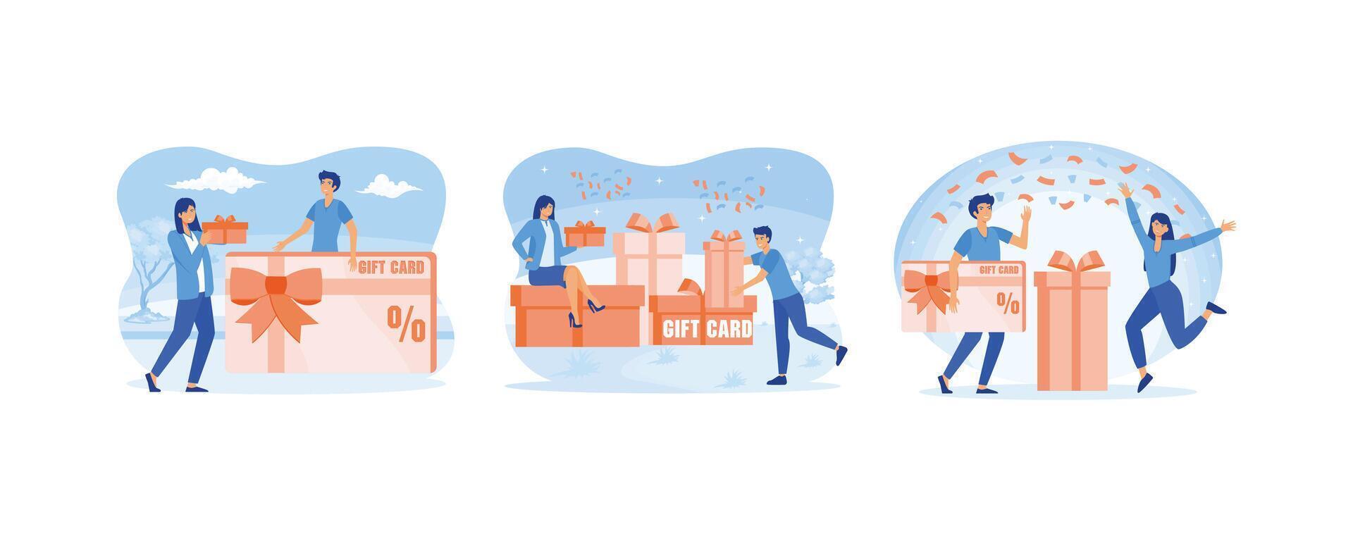 clientes regalo tarjeta, mujer dando caja de regalo a masculino. regalo tarjeta o descuento cupón. equipo de contento empleados victorioso premio y celebrando éxito. conjunto plano vector moderno ilustración