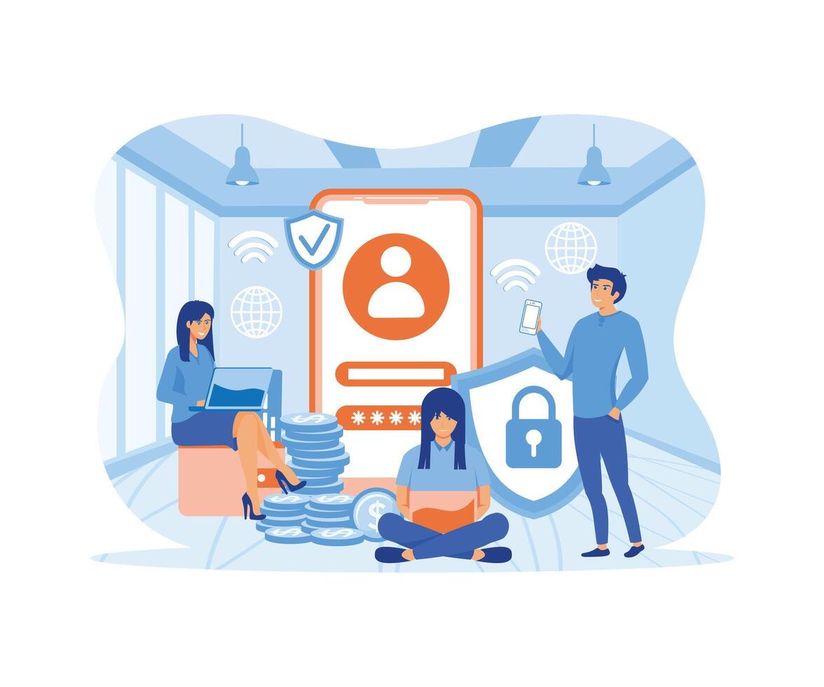 Secure payment concept for web banner design. Man makes online payment confirming his identity with fingerprint. flat vector modern illustration