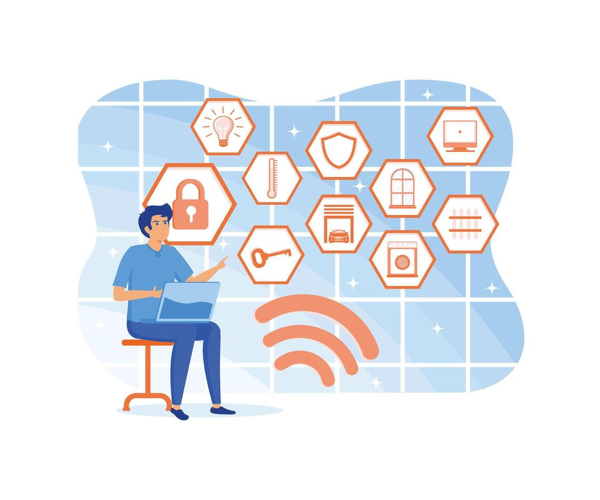 Bearded man with smartphone with smart home control function. Home technology system with smartphone control. flat vector modern illustration