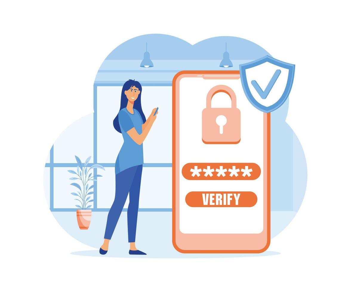 mujer utilizando seguridad otp uno hora contraseña verificación para móvil aplicación en teléfono inteligente pantalla. plano vector moderno ilustración