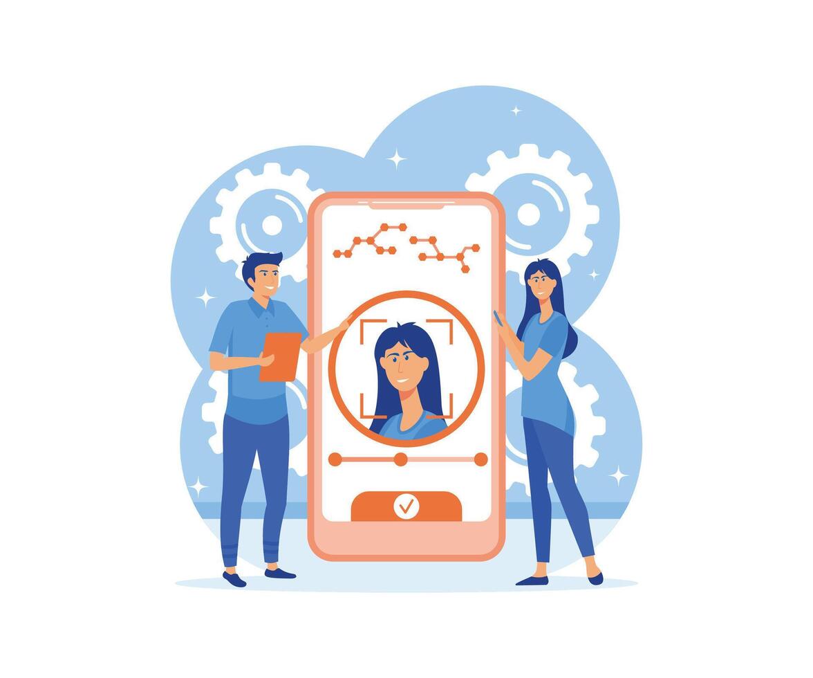 Face recognition and data safety. Mobile phone users getting access to data after biometrical checking. flat vector modern illustration