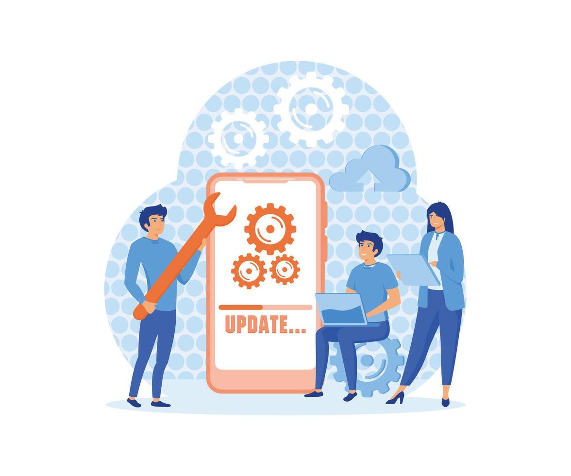 System updates with people updating operation in computing and installation programs. mobile application. flat vector modern illustration