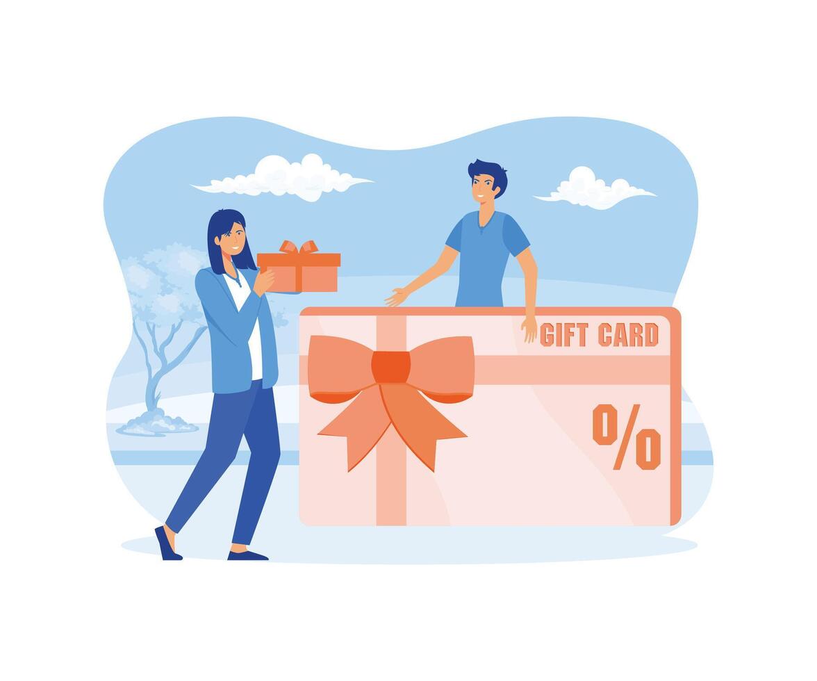 clientes regalo tarjeta, mujer dando caja de regalo a masculino. festivo rebaja y compras promoción oferta, prima sistema, personas utilizando cupón para comprando regalos y bienes. plano vector moderno ilustración