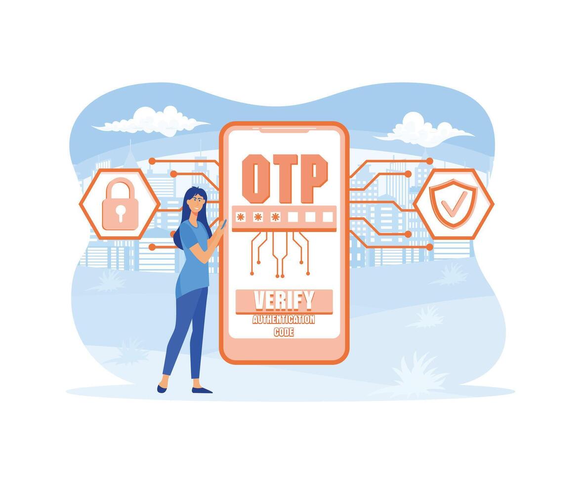 otp, una vez contraseña para seguro transacción en digital pago transacción concepto con iconos plano vector moderno ilustración