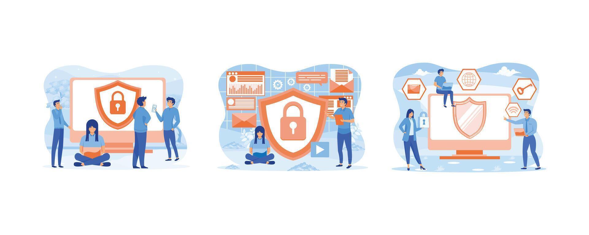 People and computer with shield and lock. Safety and confidential data protection. Data Protection Privacy Concept. Set flat vector modern illustration