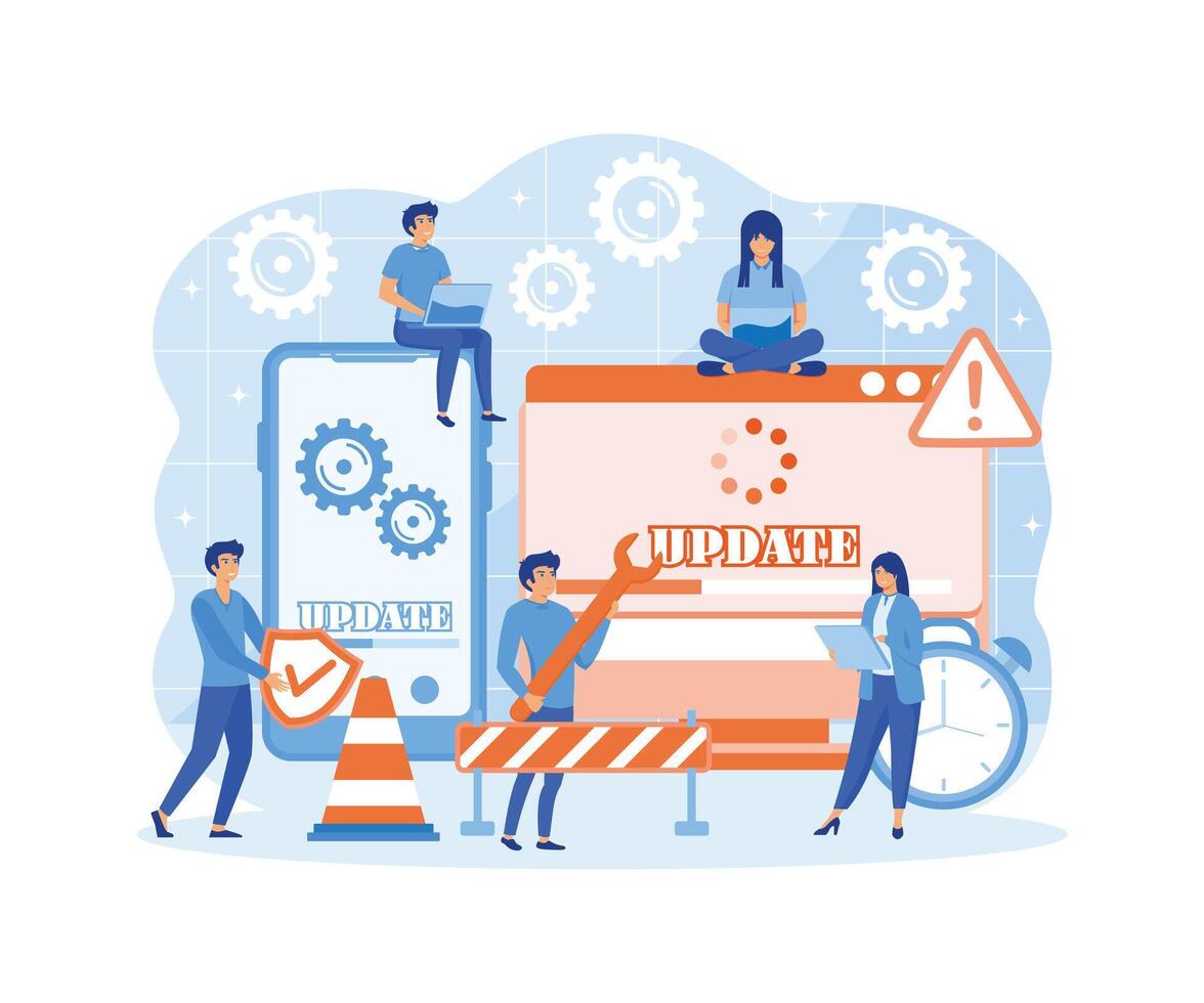 System Update. Tiny programmers upgrading operating system. IT specialists updating software, programs and applications. flat vector modern illustration