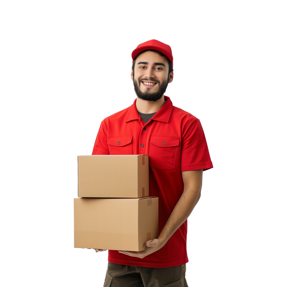 AI generated Deliveryman Holding Stack of Package with Red Uniform png