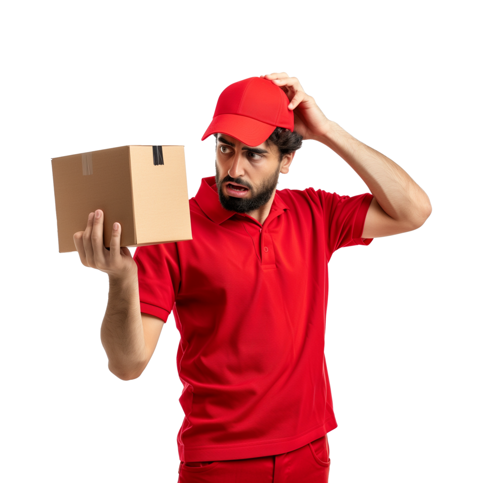 AI generated Delivery Worker Looking at a Package with Confused Expression png