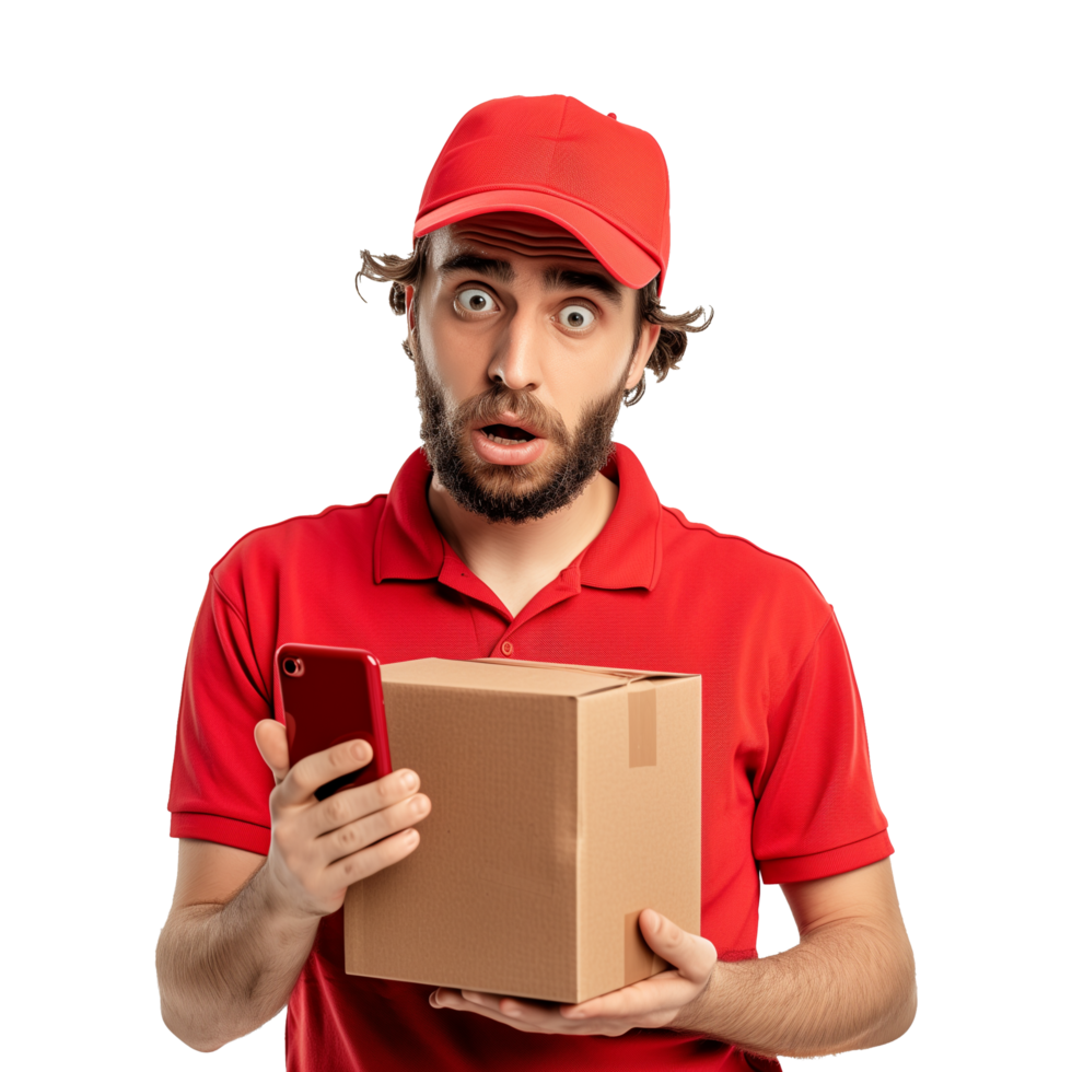 AI generated A Delivery Worker Confused Holding a Package and a Phone png
