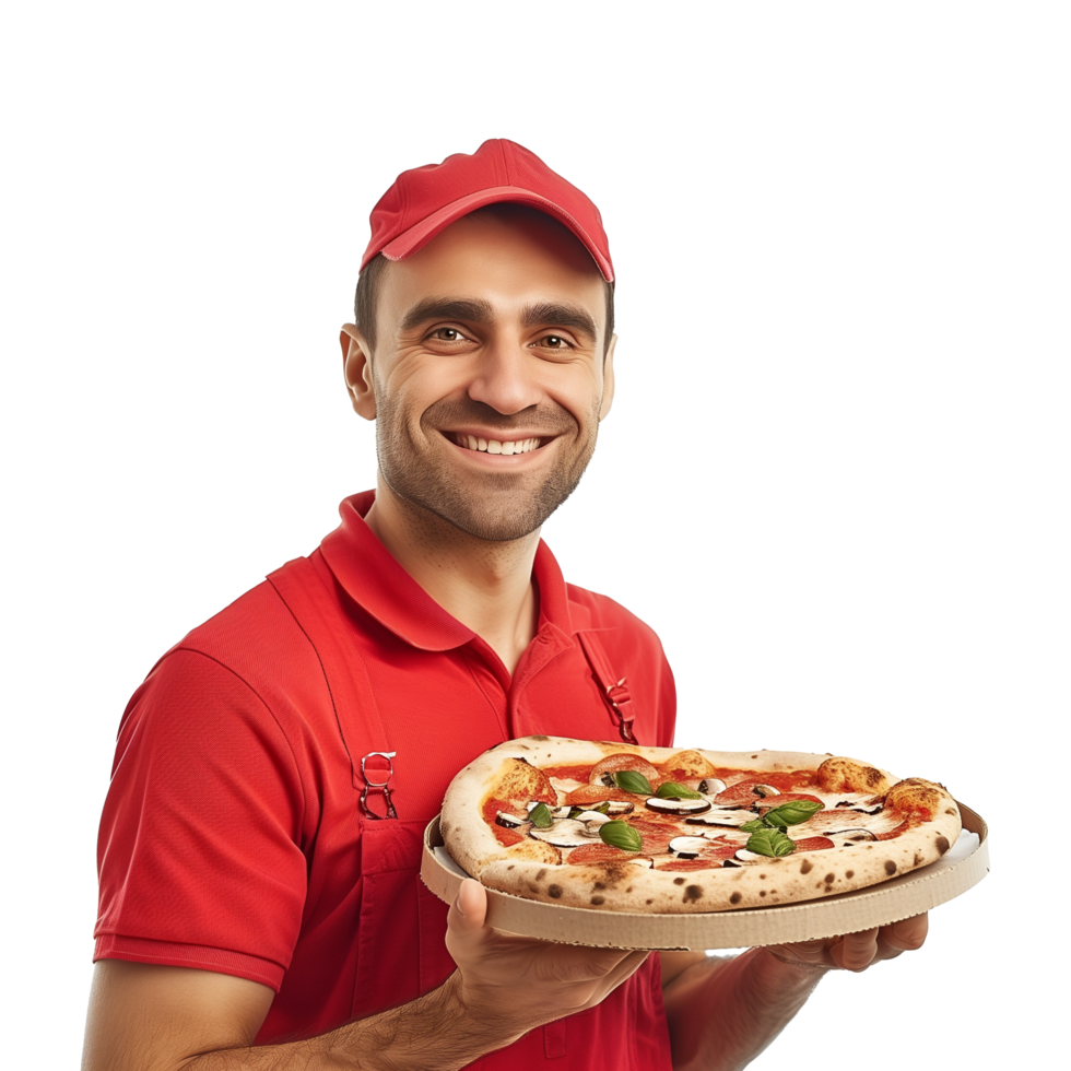 ai généré une homme en portant une Frais Pizza avec sourire sur le sien visage png