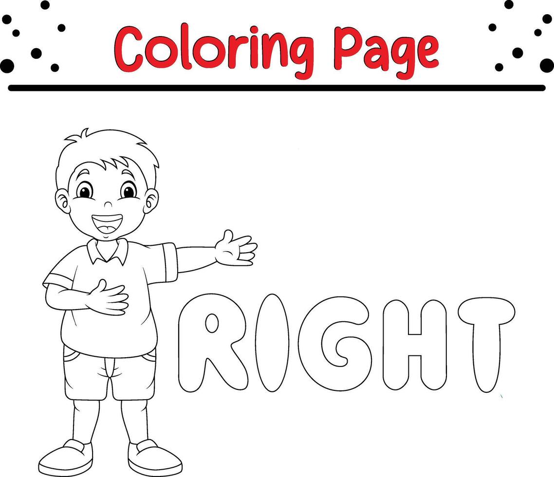 Coloring page little boy pointing his right with right word vector