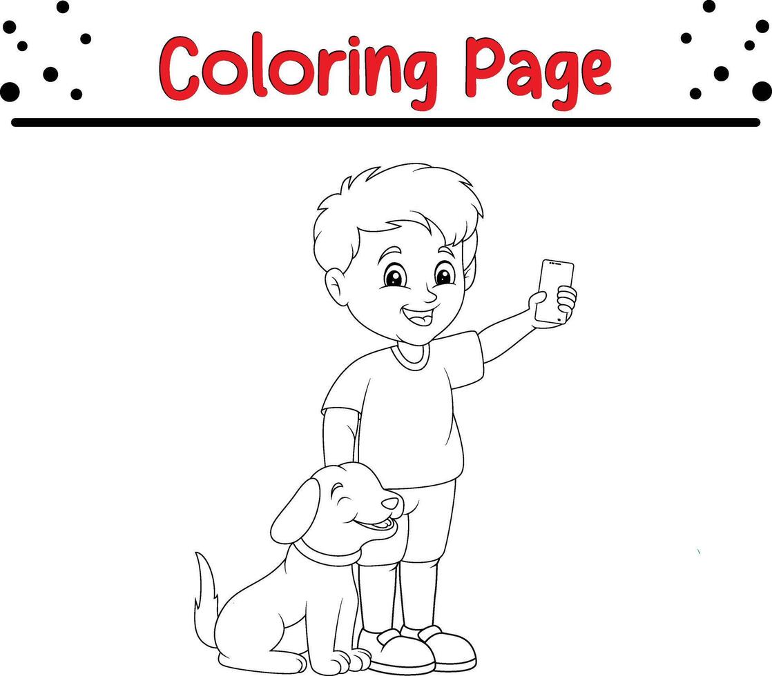 Coloring page little boy holding phone with his pet dog vector
