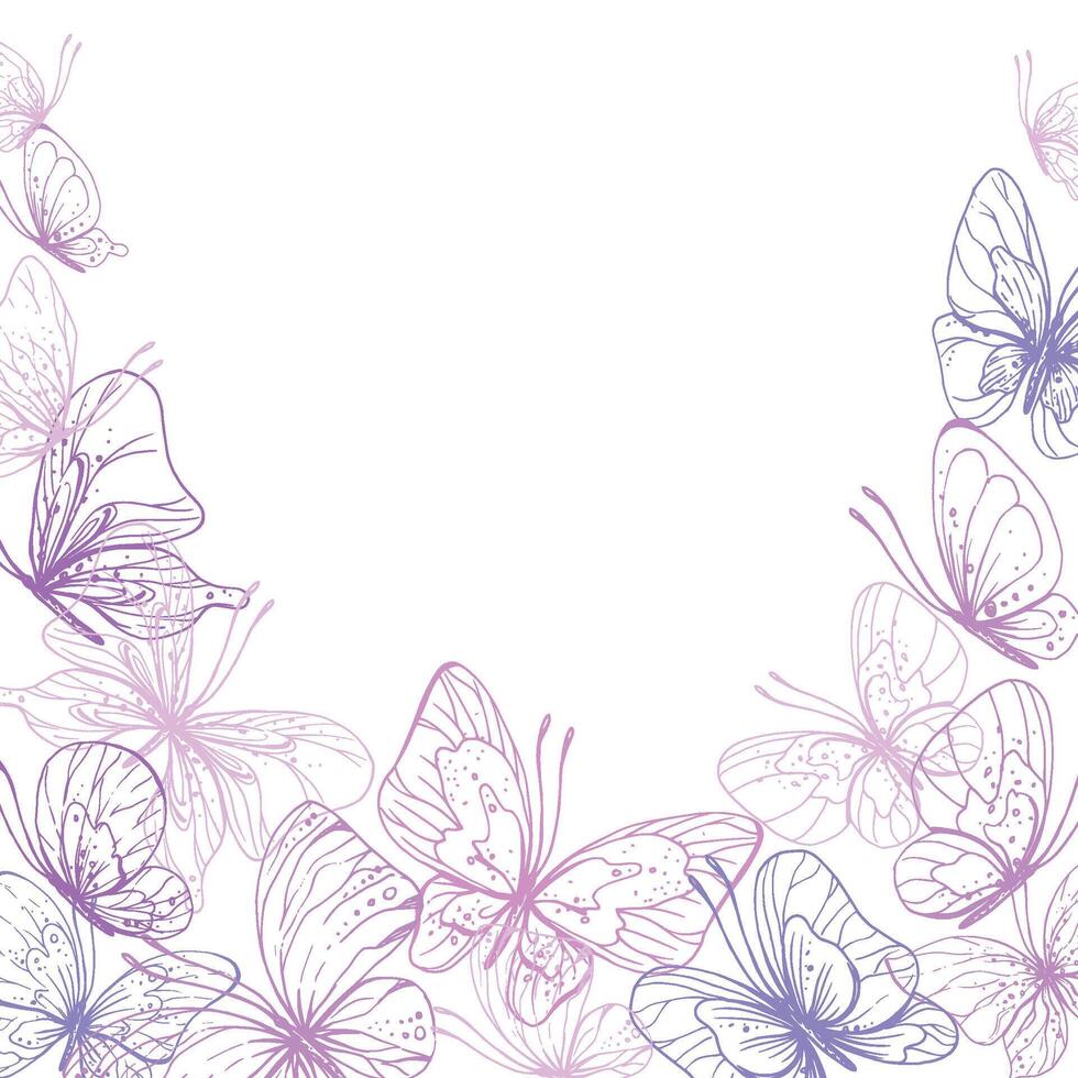Butterflies are pink, blue, lilac, flying, delicate line art. Graphic illustration hand drawn in pink, lilac ink. Square frame, template EPS vector. vector