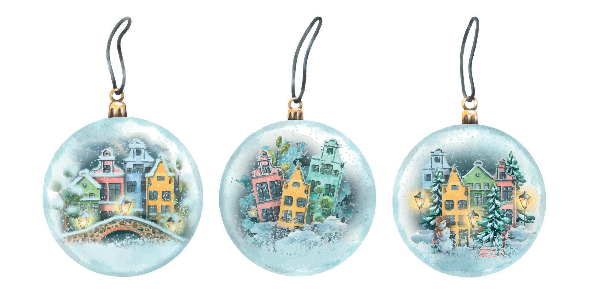 Glass Christmas balls, transparent with cute houses inside and snow. Watercolor illustration. Three isolated toys on a white background. For the decoration and design of the new year and winter. vector