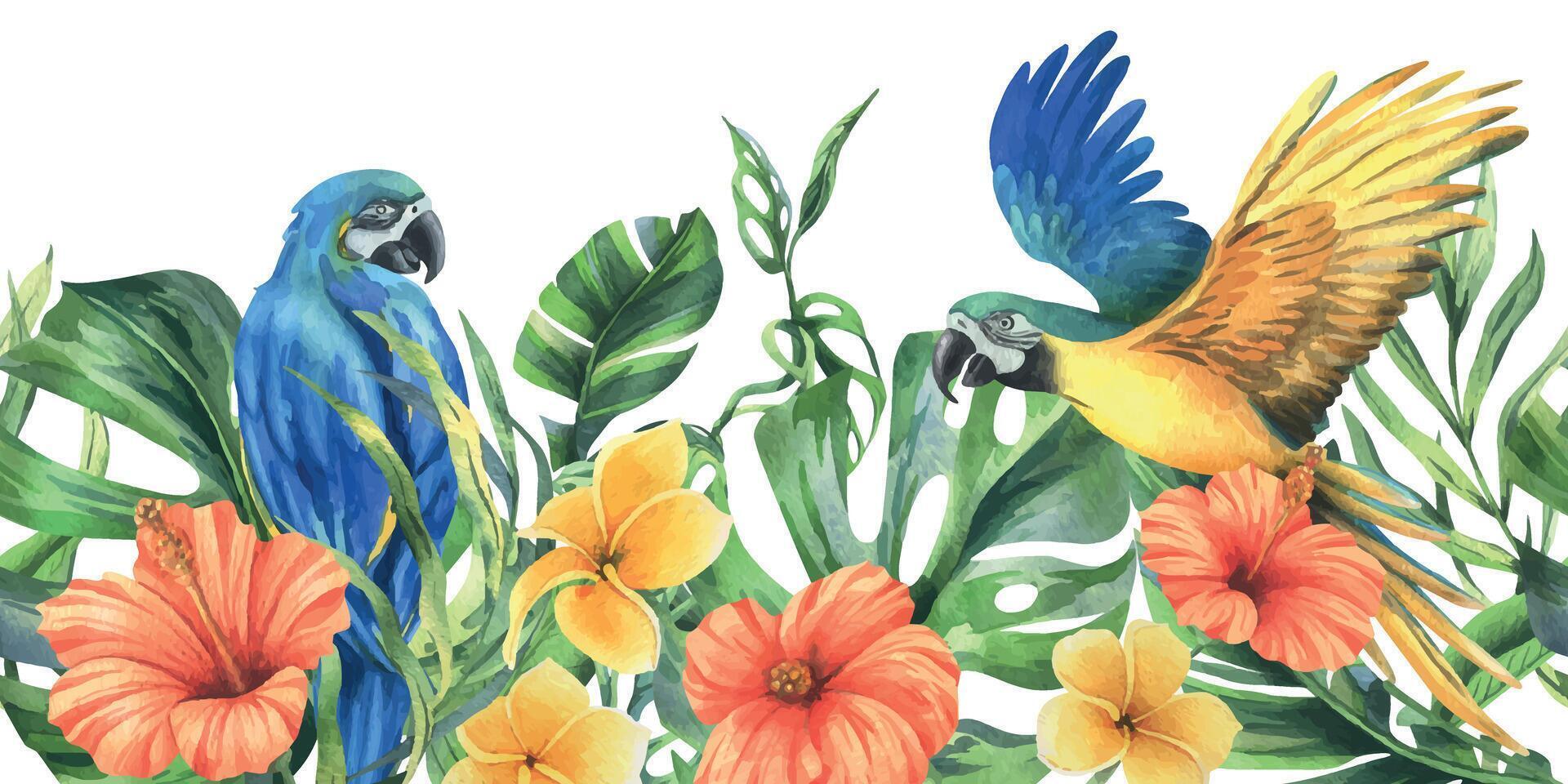 tropical palma hojas, monstera y flores de plumería, hibisco, brillante con azul amarillo guacamayo loro. mano dibujado acuarela botánico ilustración. sin costura frontera es aislado desde el antecedentes vector