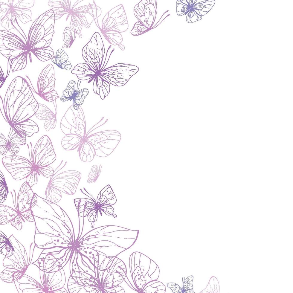 Butterflies are pink, blue, lilac, flying, delicate line art. Graphic illustration hand drawn in pink, lilac ink. Frame, template EPS vector. vector