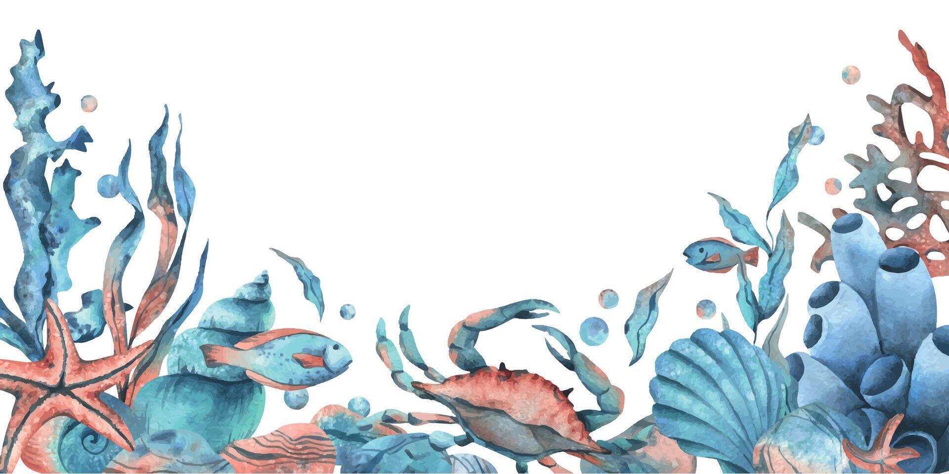 Underwater world clipart with sea animals whale, turtle, octopus, seahorse, starfish, shells, coral and algae. Hand drawn watercolor illustration. Border, template, frame isolated from the background vector