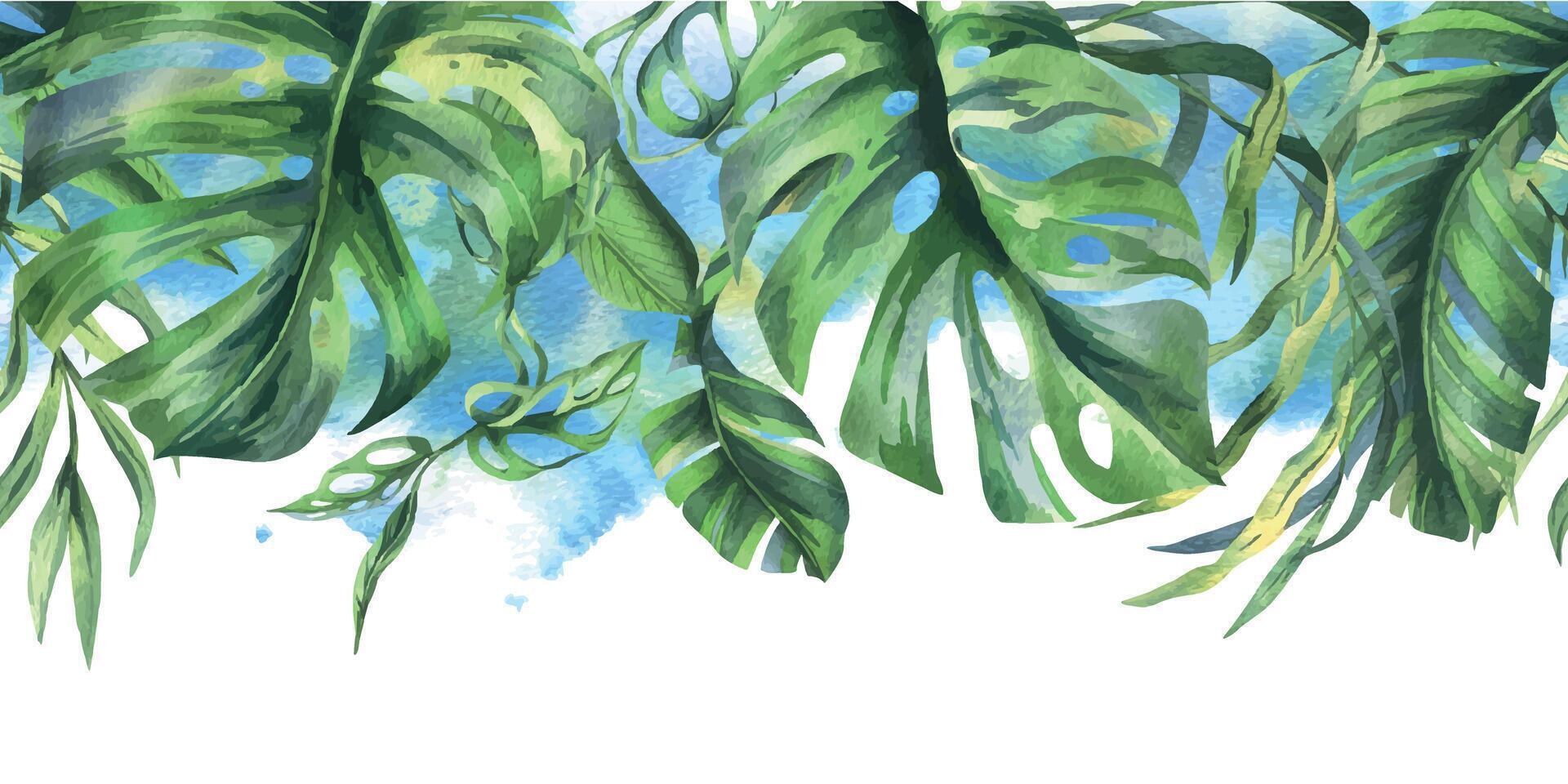 Tropical coconut, banana palm leaves, monstera, monkey mask, frangipani, bright juicy green. Hand drawn watercolor botanical illustration. Seamless border is isolated from the background vector