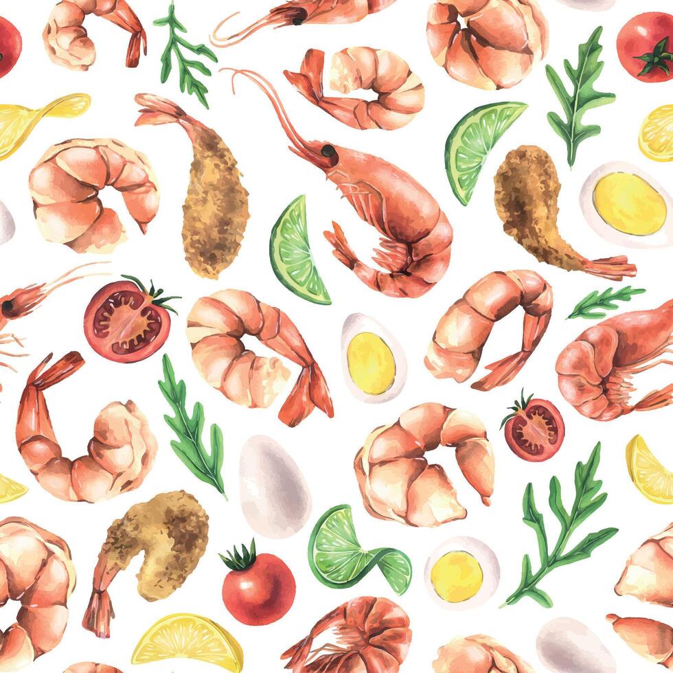 Various boiled shrimp with arugula, lemon, lime, cherry tomatoes, eggs. Watercolor illustration. Seamless pattern on a white background from the Shrimp collection. For the design and design. vector