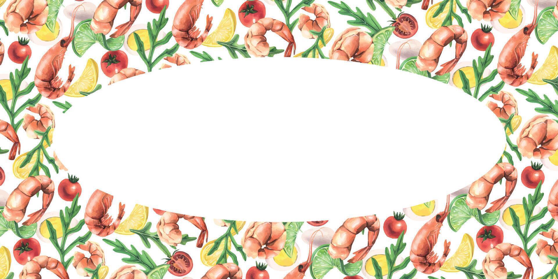 Horizontal oval frame empty template with white background for text, information with shrimp, greens, vegetables and eggs. Watercolor illustration hand drawn. For menus, recipes, cooking vector
