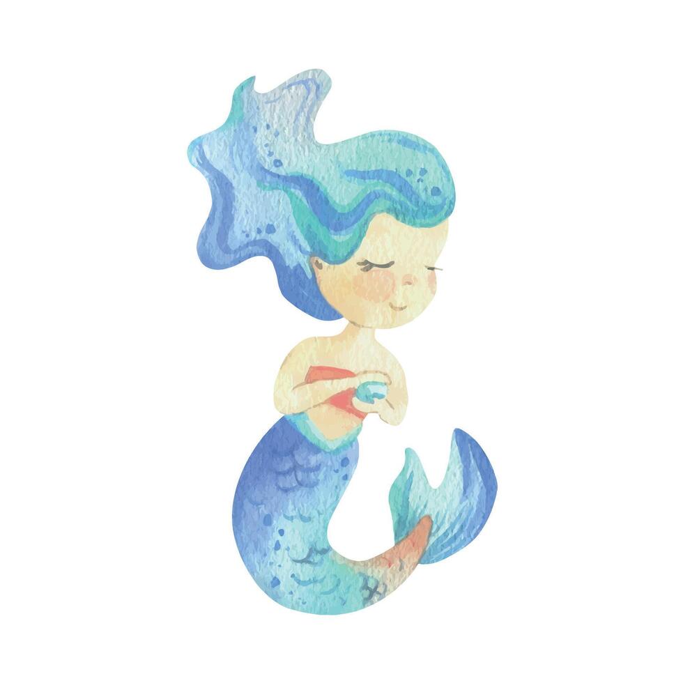 Mermaid is a little girl with long hair and a tail, holding a pearl in her hand. Watercolor illustration hand drawn with pastel colors turquoise, blue, mint, coral. Element isolated from background. vector