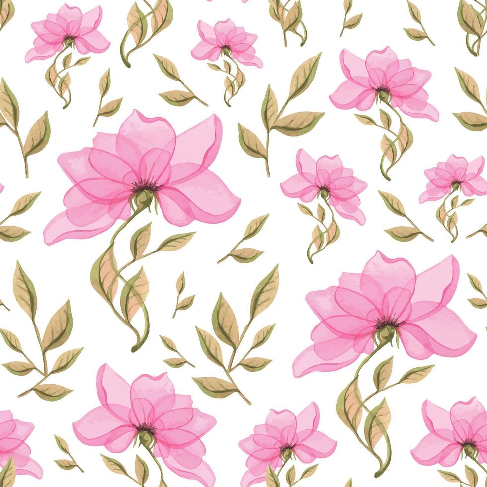 Stylized flower, delicate, pink with green leaves. Seamless pattern, on a white background, spring, light, simple. Watercolor. For fabric, textiles wallpaper paper scrapbooking clothing vector