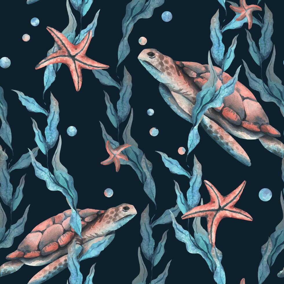 Underwater world clipart with sea animals whale, turtle, octopus, seahorse, starfish, shells, coral and algae. Hand drawn watercolor illustration. Seamless pattern on a dark background vector