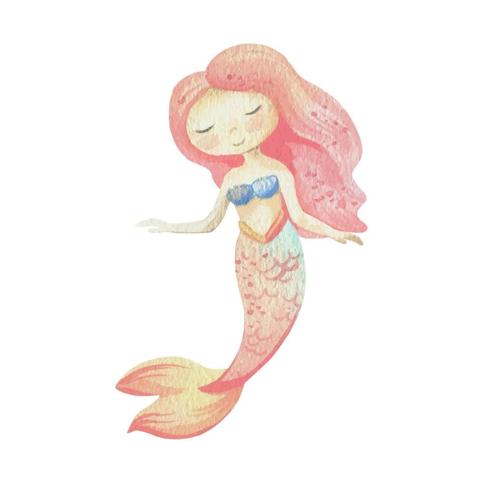 Mermaid is a little girl with long hair and a tail. Watercolor illustration hand drawn with pastel colors turquoise, blue, mint, coral, peach, pink. Element isolated from background vector